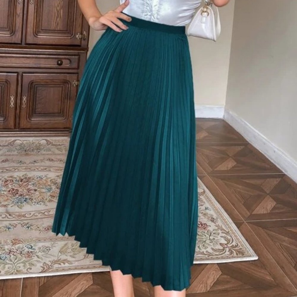 teal blue Pleated Satin  Midi Skirt Evening classy - Picture 3 of 6